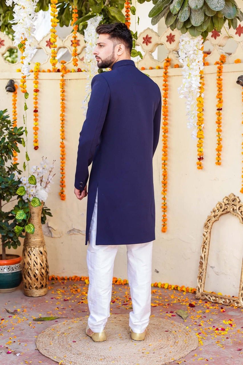 Navy Blue Indo-Western Sherwani Suit.