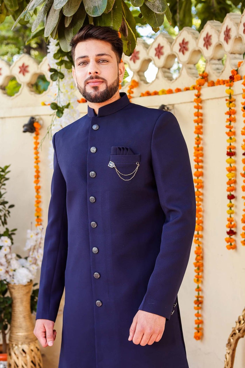 Navy Blue Indo-Western Sherwani Suit.