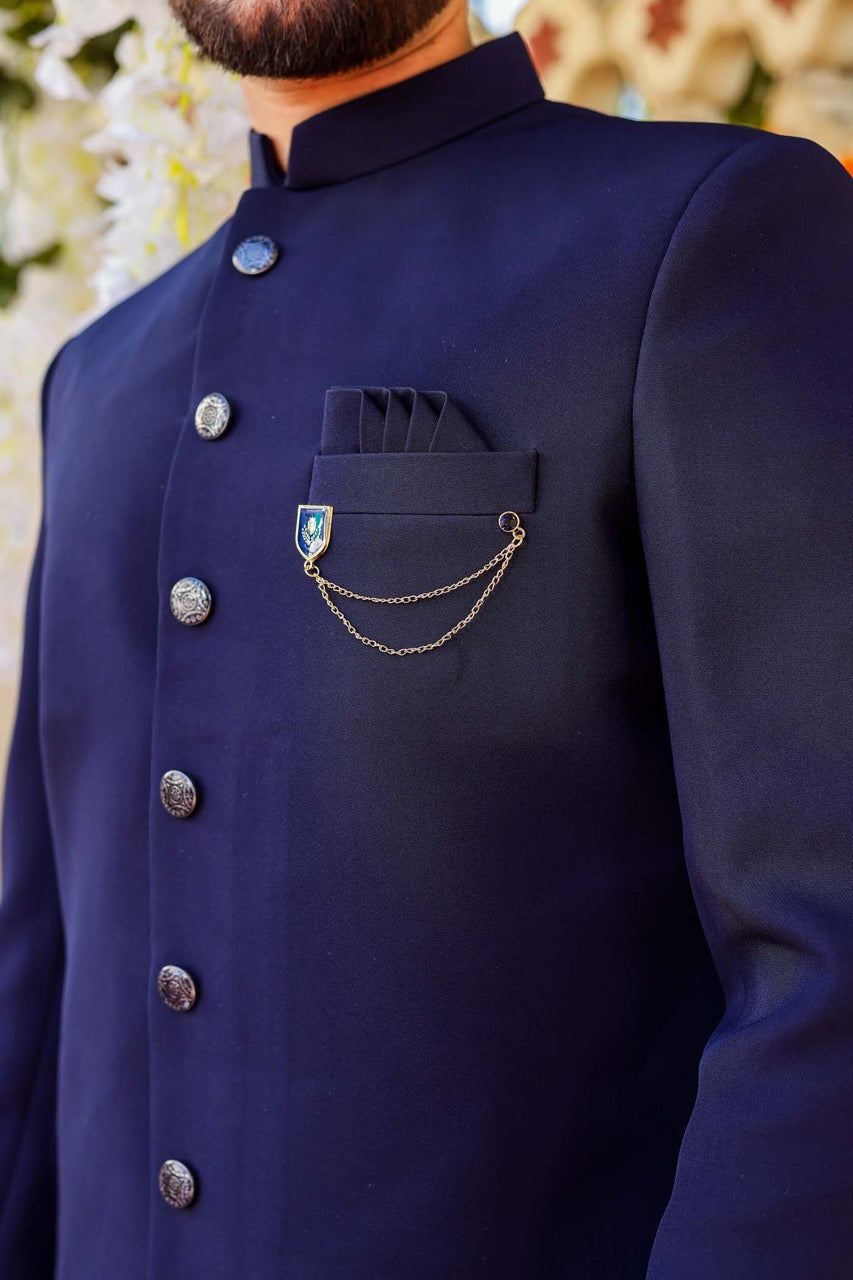 Navy Blue Indo-Western Sherwani Suit.