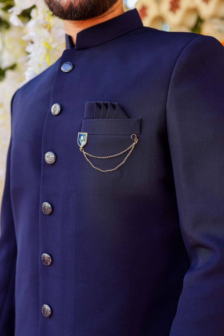 Navy Blue Indo-Western Sherwani Suit.