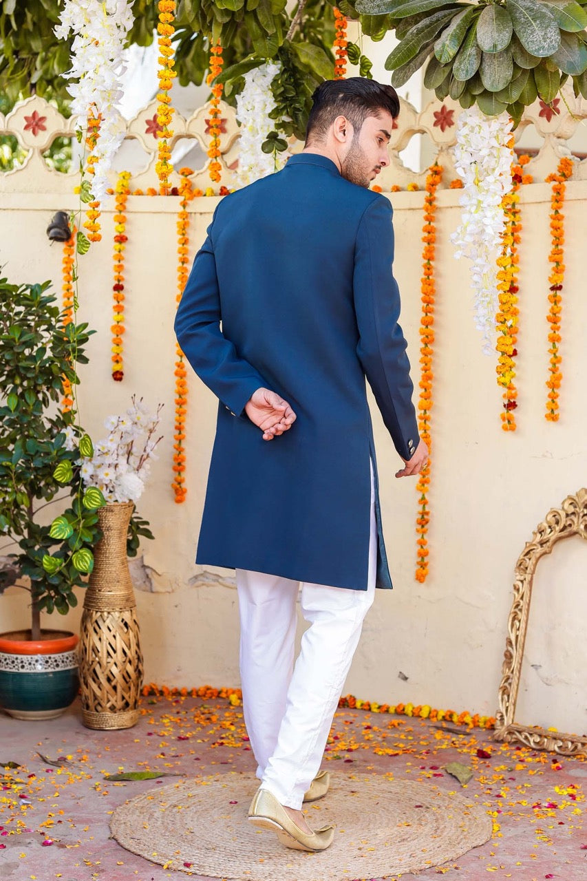 Teal Blue Indo-Western Sherwani Suit.