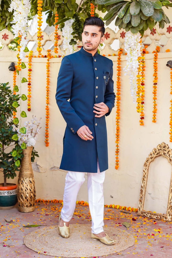 Teal Blue Indo-Western Sherwani Suit.