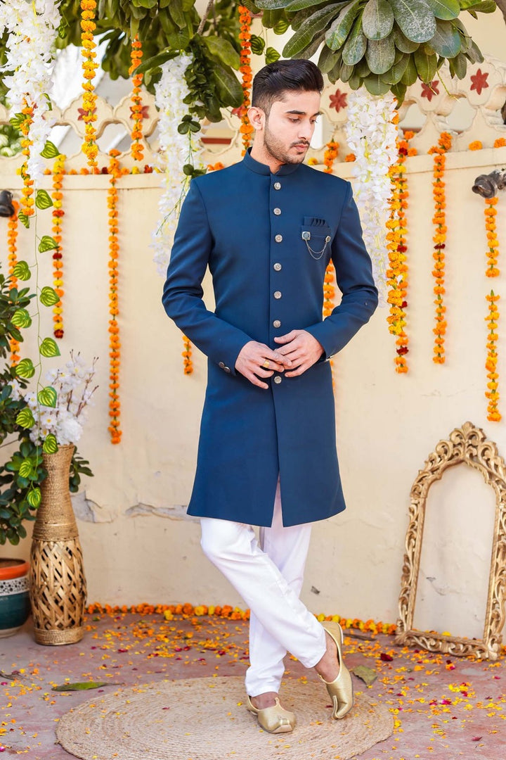 Teal Blue Indo-Western Sherwani Suit.