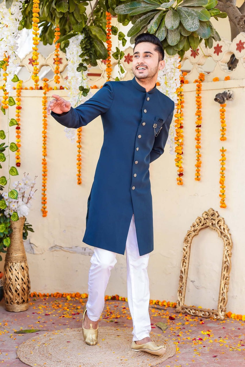 Teal Blue Indo-Western Sherwani Suit.