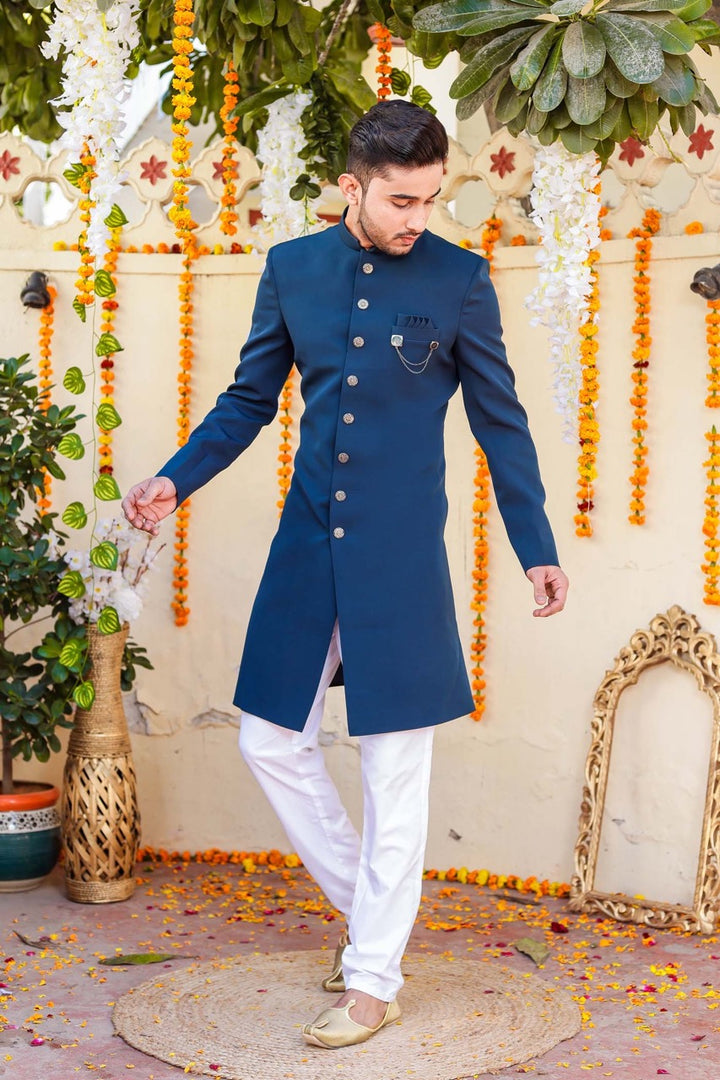 Teal Blue Indo-Western Sherwani Suit.