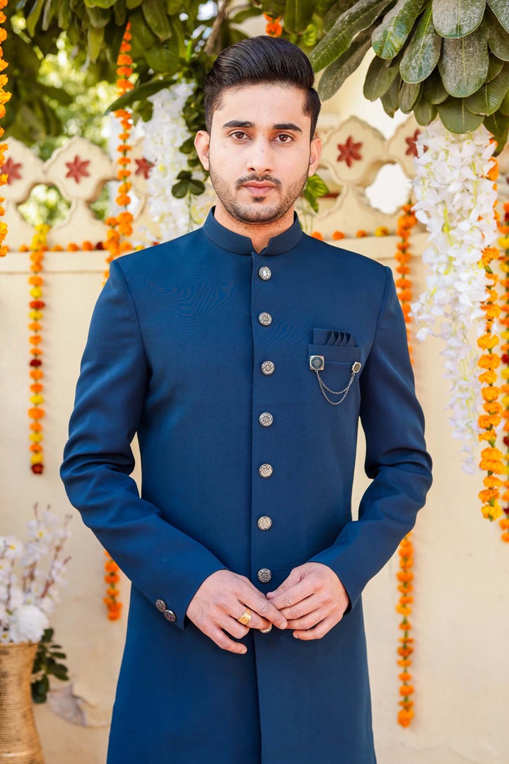 Teal Blue Indo-Western Sherwani Suit.