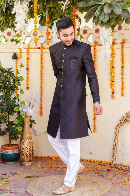 Black Brocade Silk Indo-Western Suit.