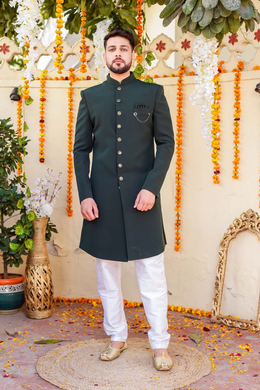 Bottle Green Indo-Western Sherwani Suit.