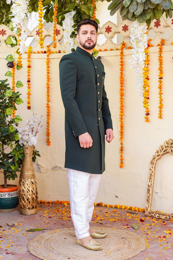 Bottle Green Indo-Western Sherwani Suit.