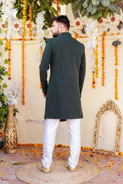 Bottle Green Indo-Western Sherwani Suit.
