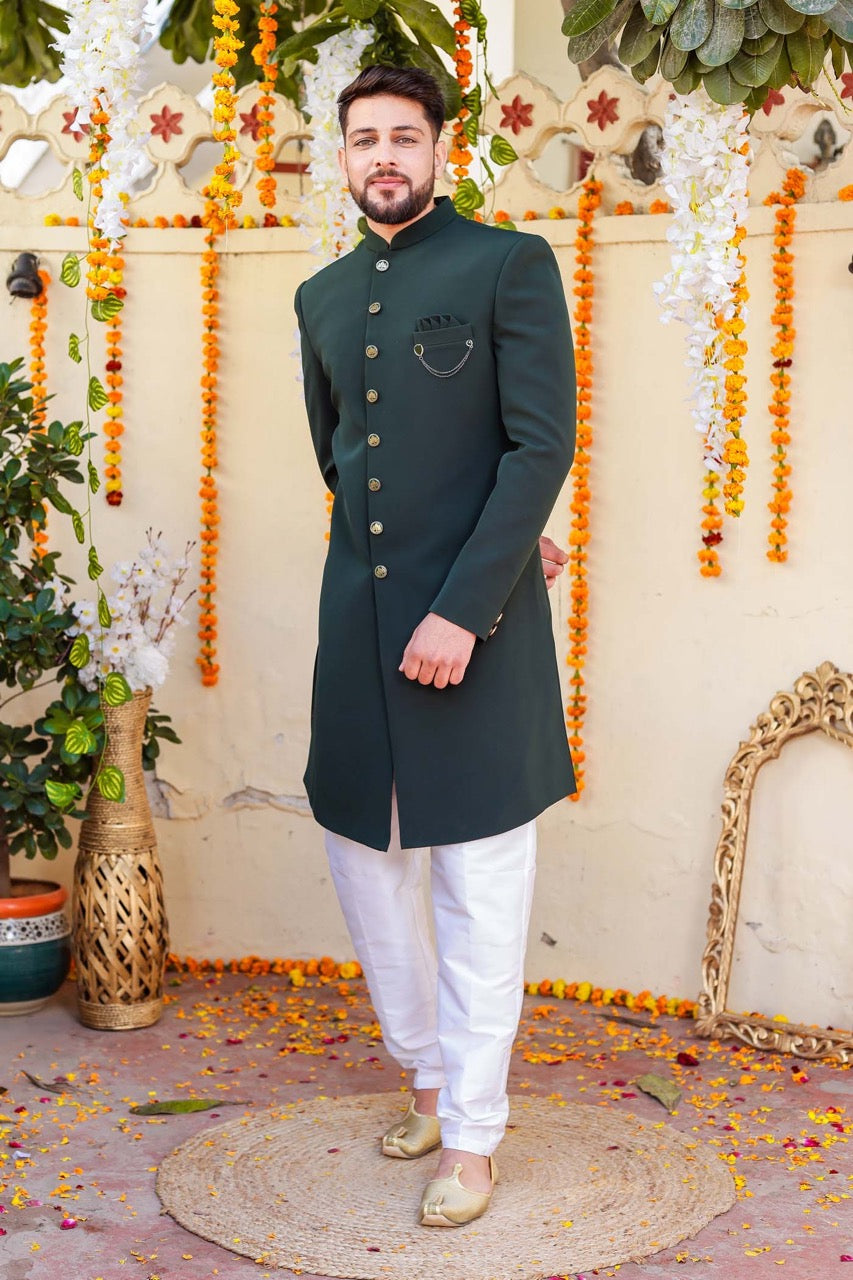 Bottle Green Indo-Western Sherwani Suit.