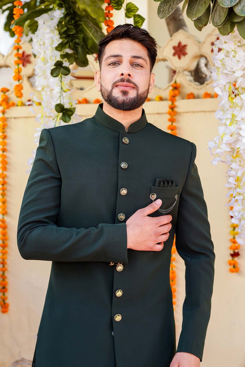 Bottle Green Indo-Western Sherwani Suit.