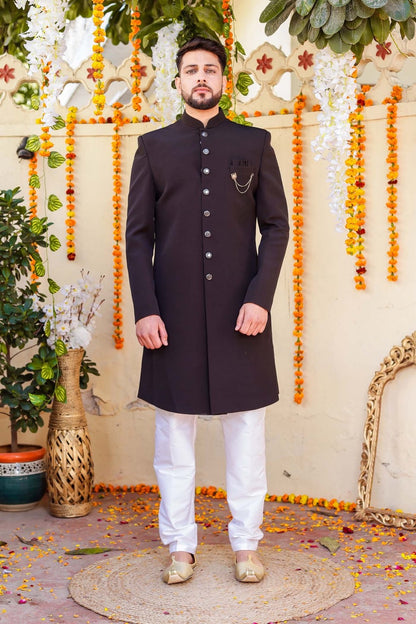 Black Silk Indo-Western Sherwani Suit.