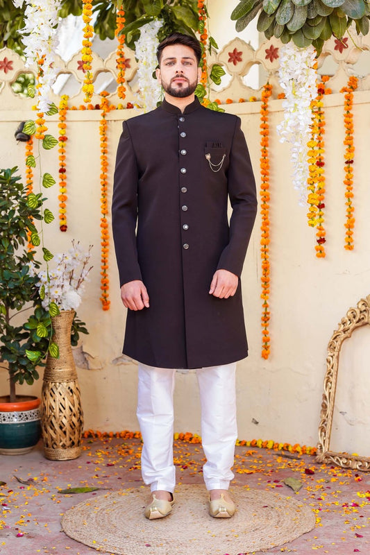 Black Silk Indo-Western Sherwani Suit.