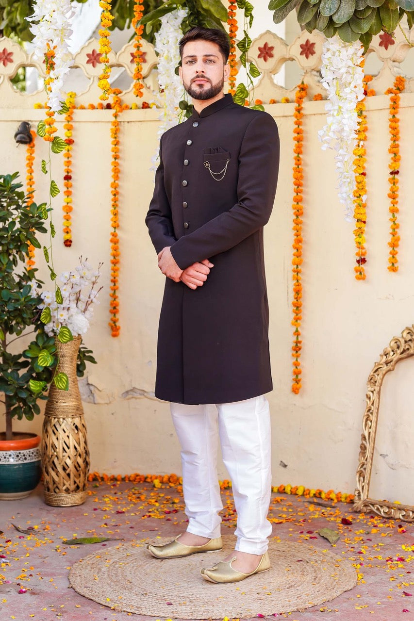 Black Silk Indo-Western Sherwani Suit.