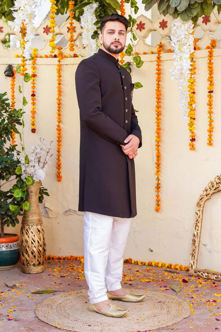 Black Silk Indo-Western Sherwani Suit.