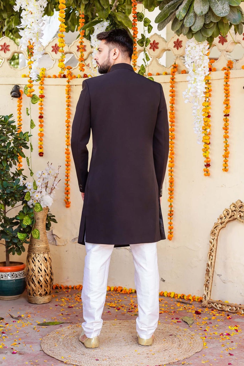 Black Silk Indo-Western Sherwani Suit.