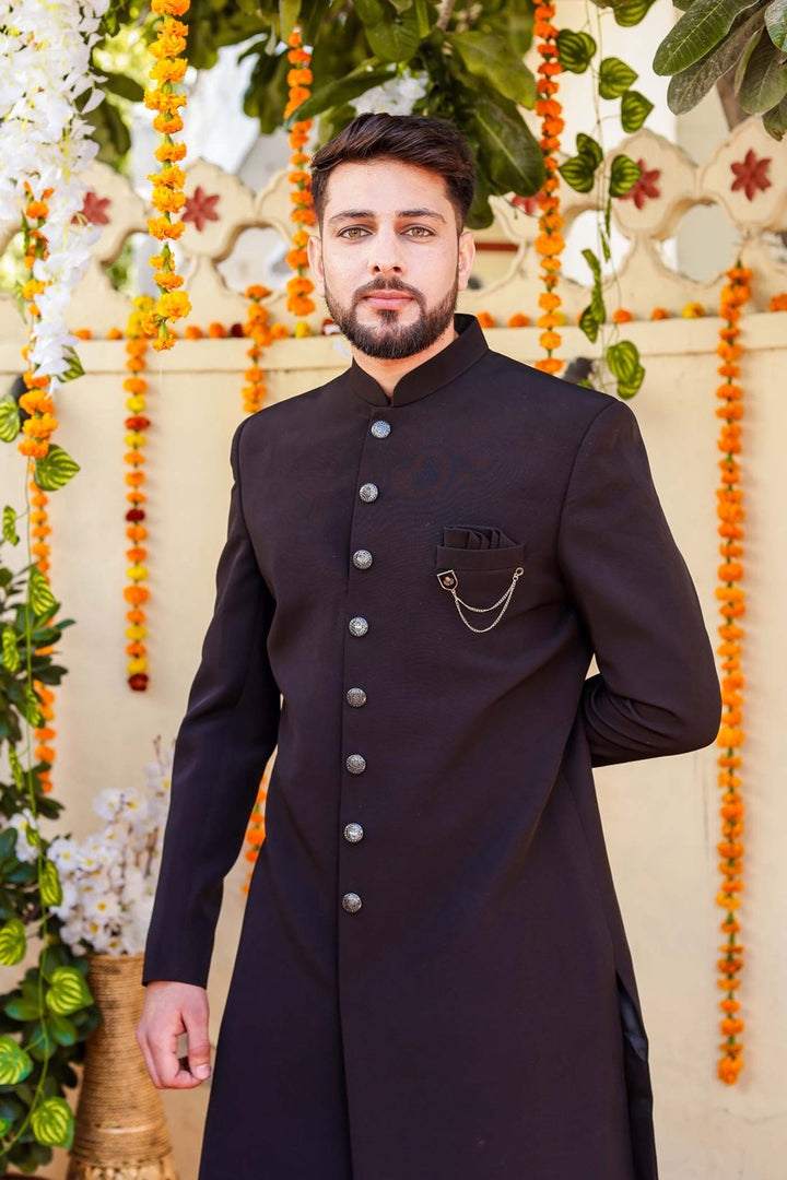 Black Silk Indo-Western Sherwani Suit.