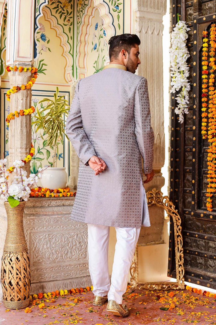 Grey Brocade Silk Indo-Western Suit.