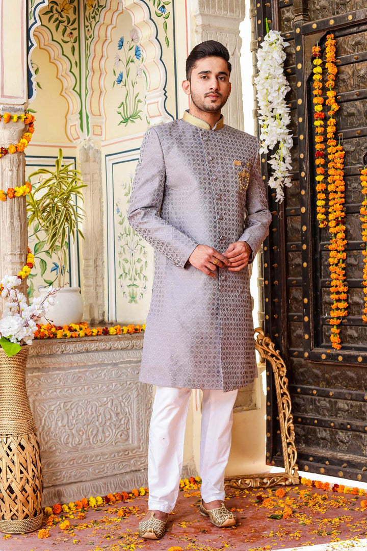 Grey Brocade Silk Indo-Western Suit.