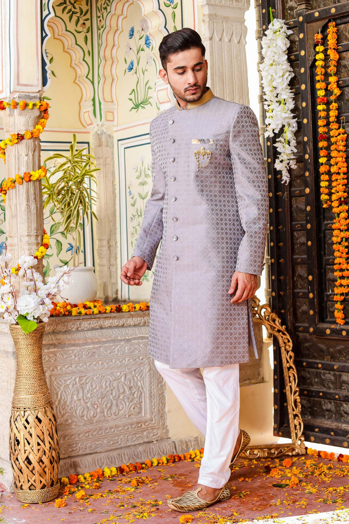 Grey Brocade Silk Indo-Western Suit.