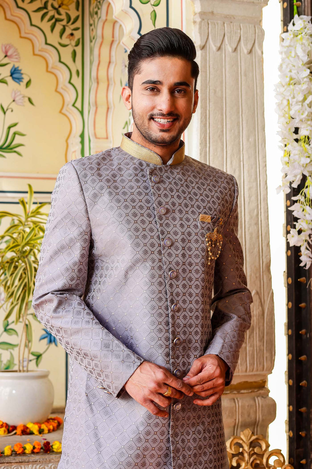 Grey Brocade Silk Indo-Western Suit.