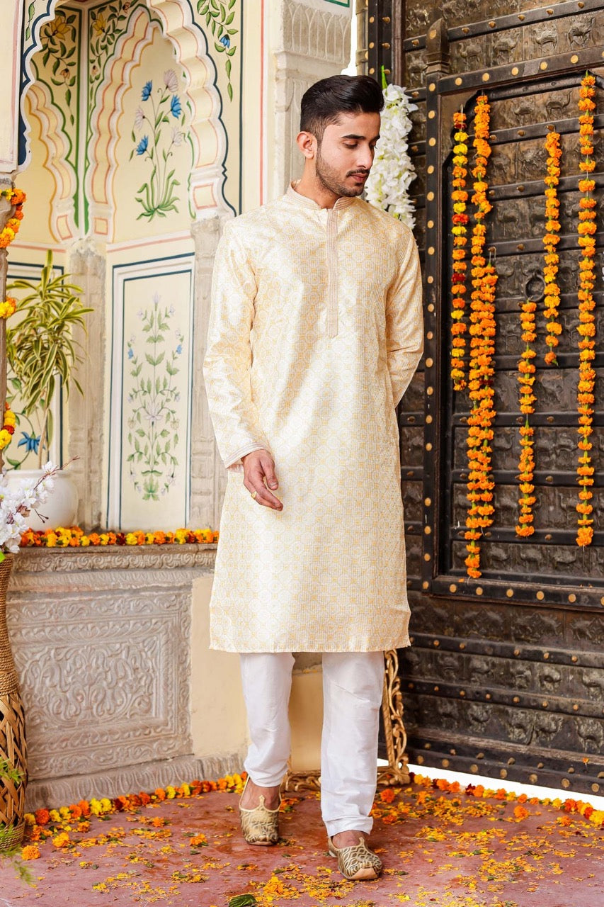 Yellow Digital Print Silk Kurta Suit