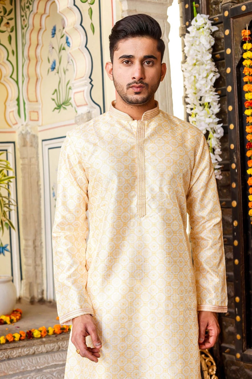 Yellow Digital Print Silk Kurta Suit