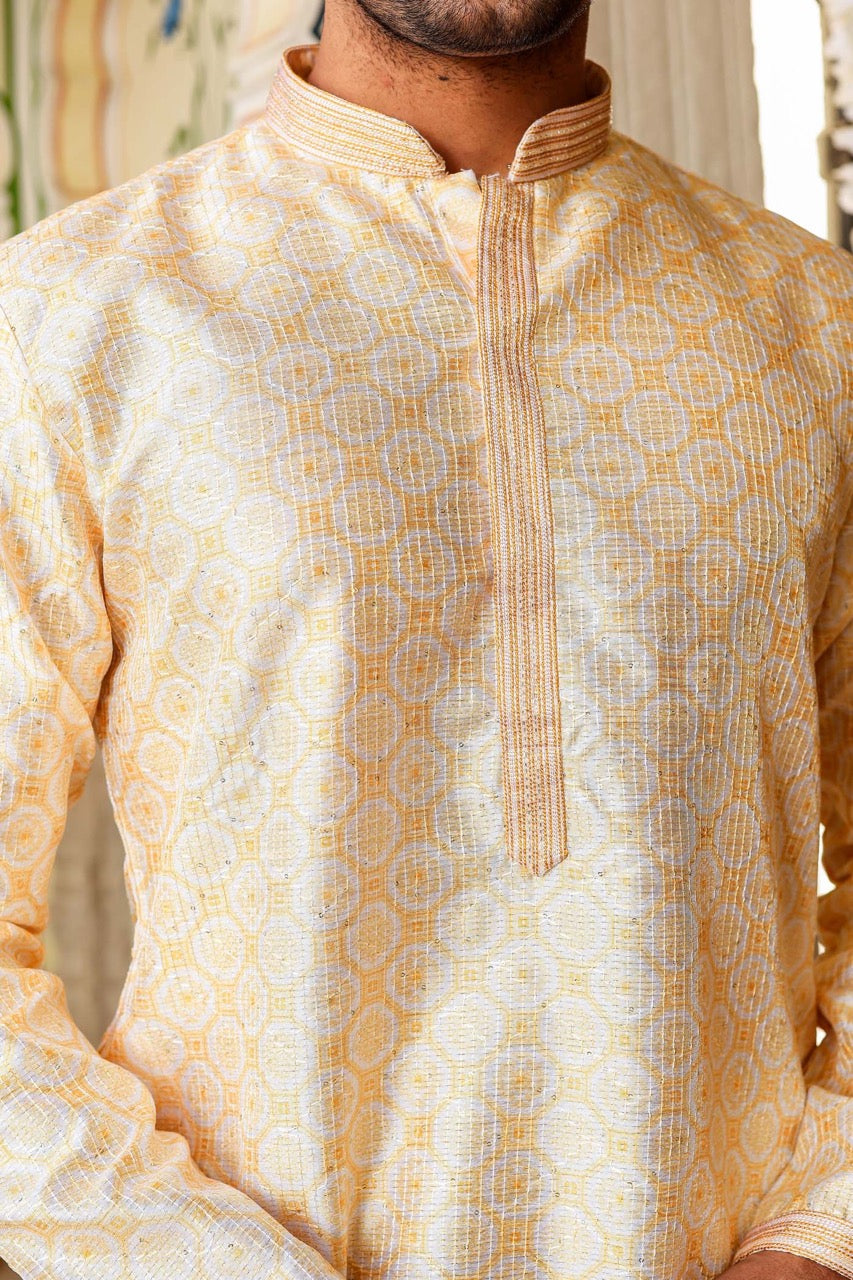 Yellow Digital Print Silk Kurta Suit