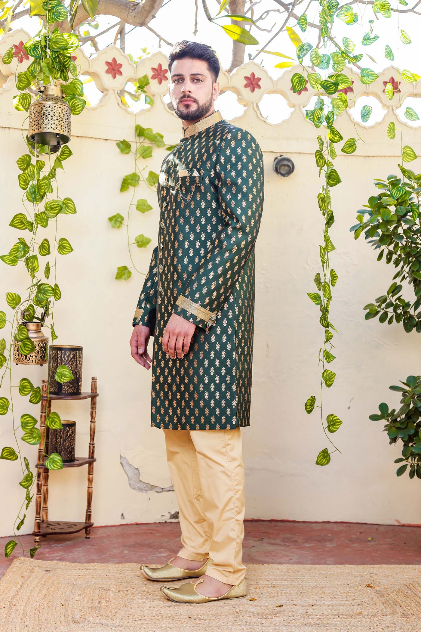 Bottle Green Brocade Silk Indo-Western Suit.