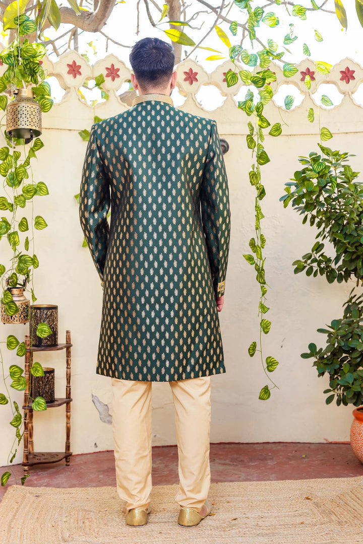 Bottle Green Brocade Silk Indo-Western Suit.