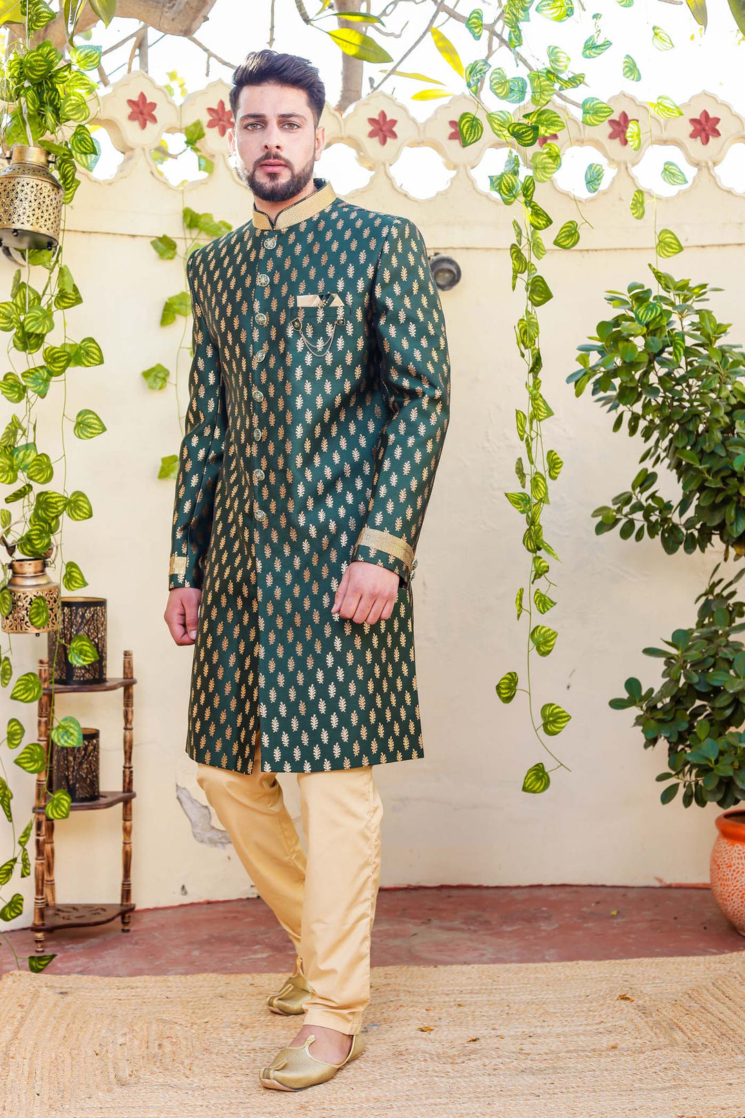 Bottle Green Brocade Silk Indo-Western Suit.