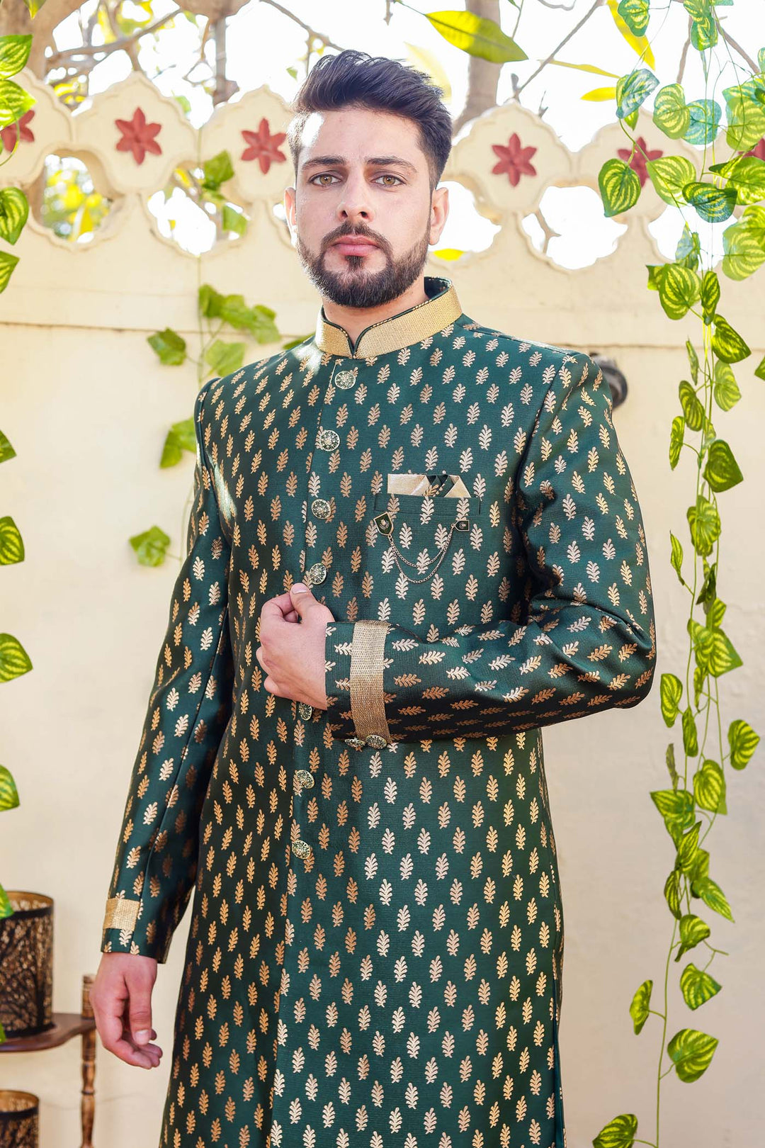 Bottle Green Brocade Silk Indo-Western Suit.