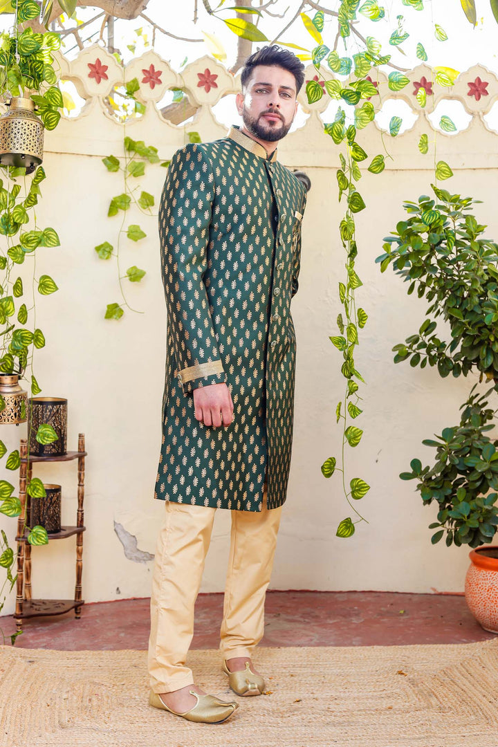 Bottle Green Brocade Silk Indo-Western Suit.