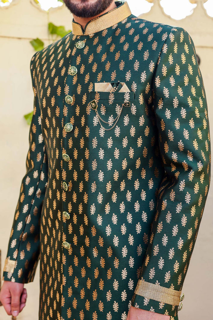 Bottle Green Brocade Silk Indo-Western Suit.