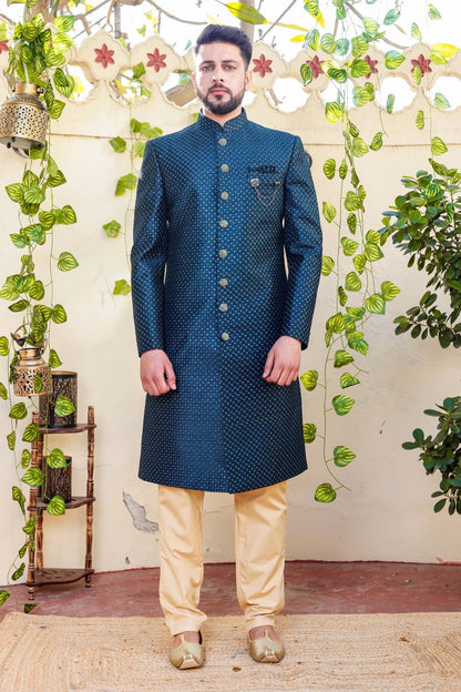 Teal Indo-Western Sherwani Suit.