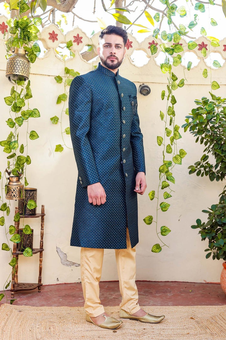 Teal Indo-Western Sherwani Suit.