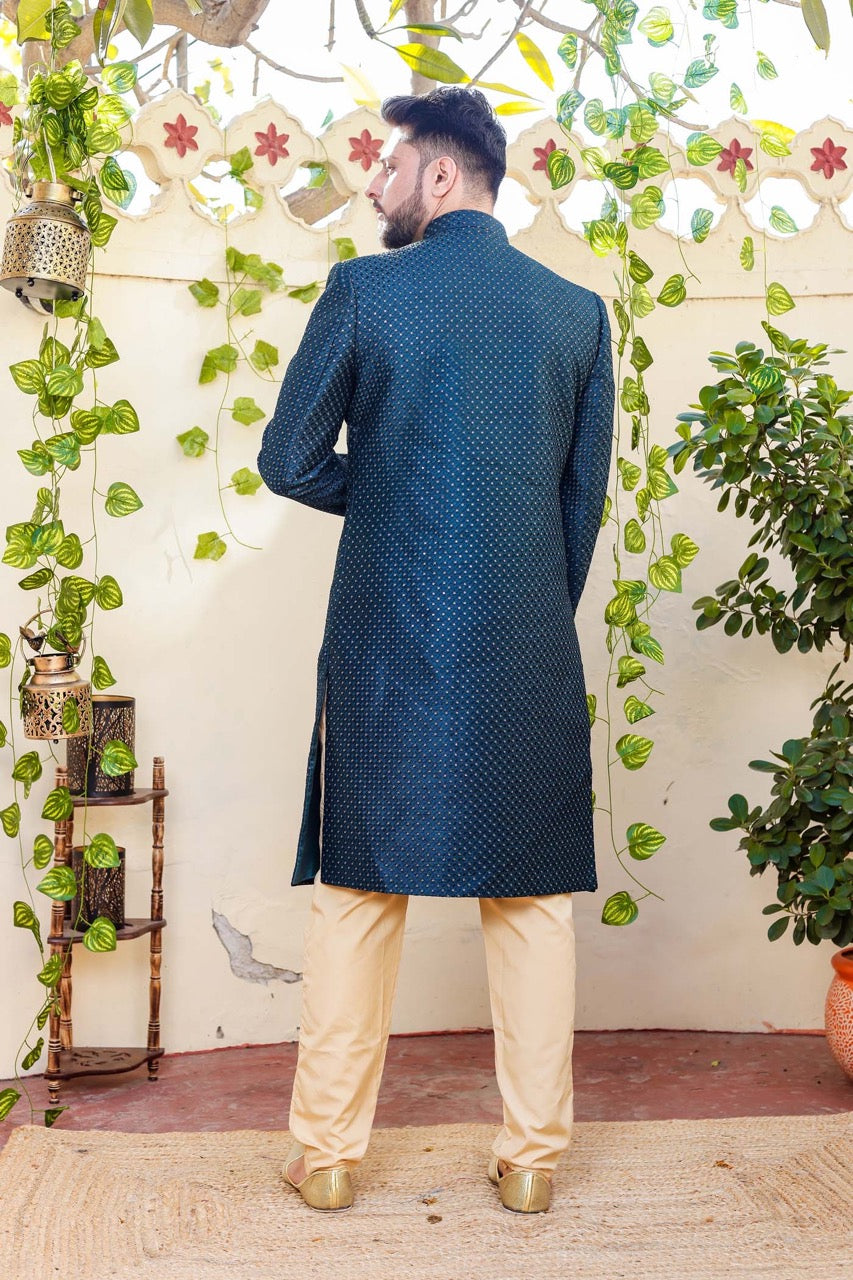 Teal Indo-Western Sherwani Suit.