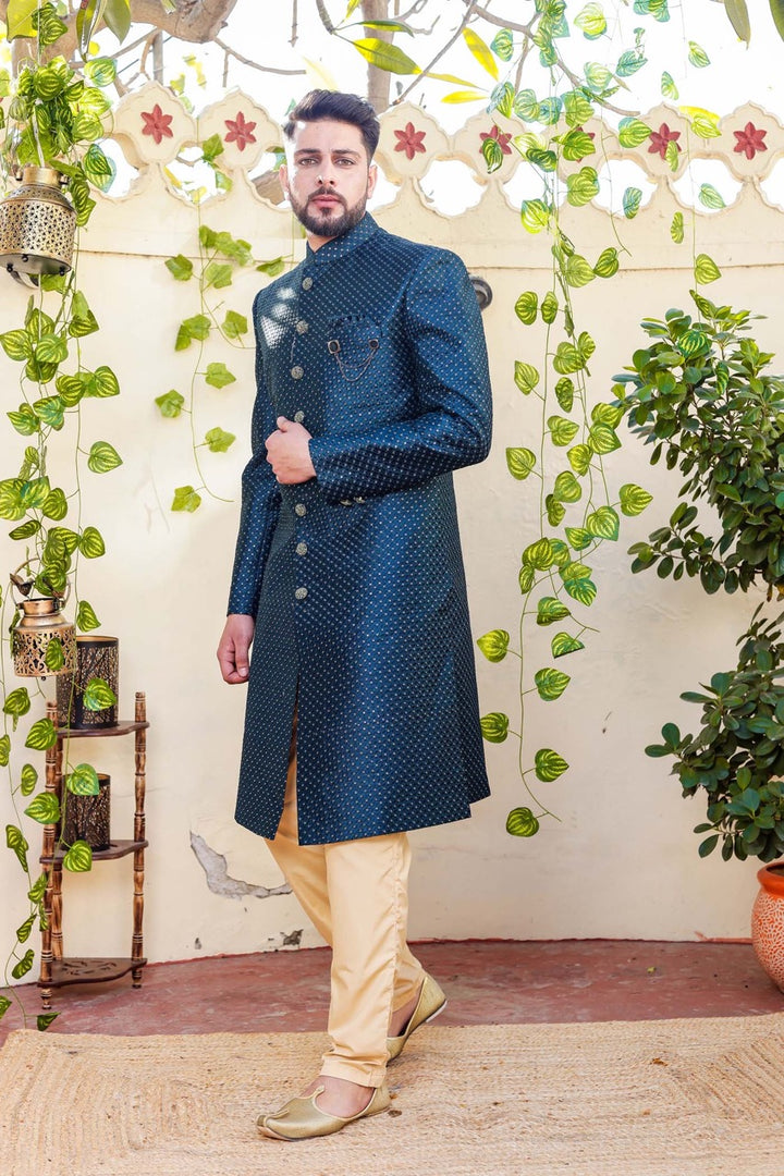 Teal Indo-Western Sherwani Suit.