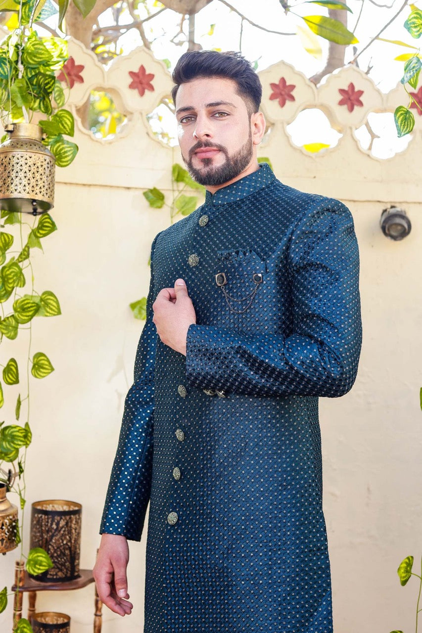 Teal Indo-Western Sherwani Suit.