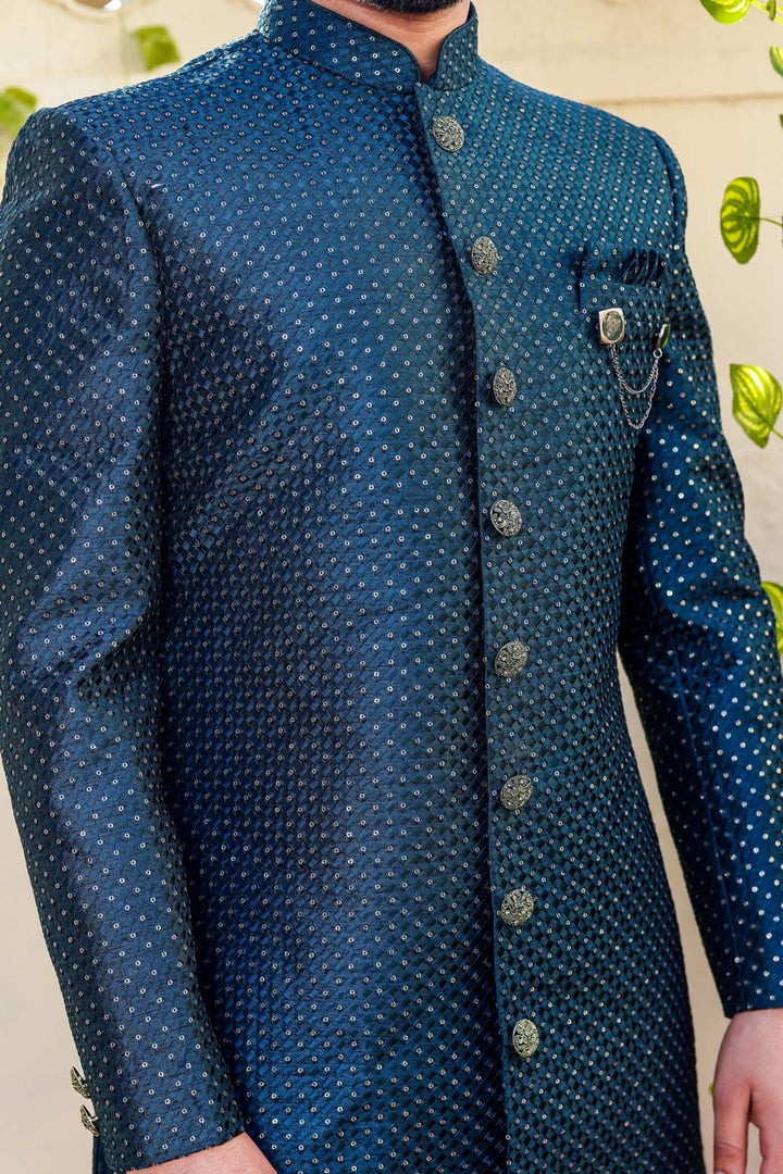 Teal Indo-Western Sherwani Suit.