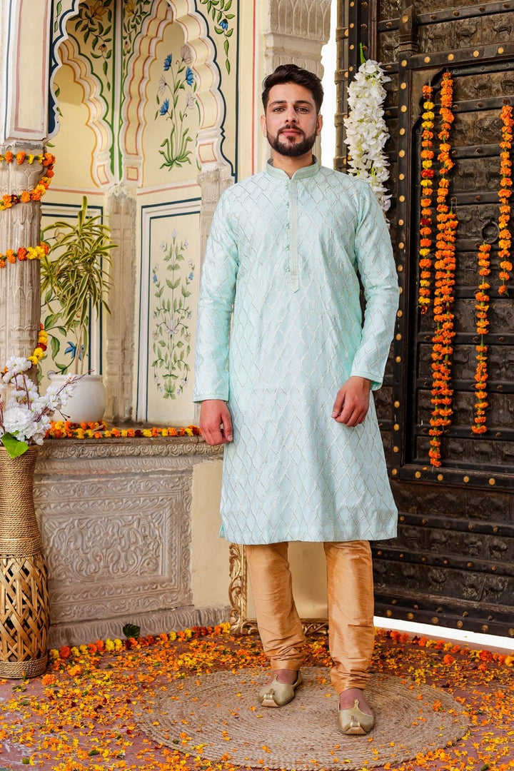 Sea Blue Dupion Silk Kurta Suit