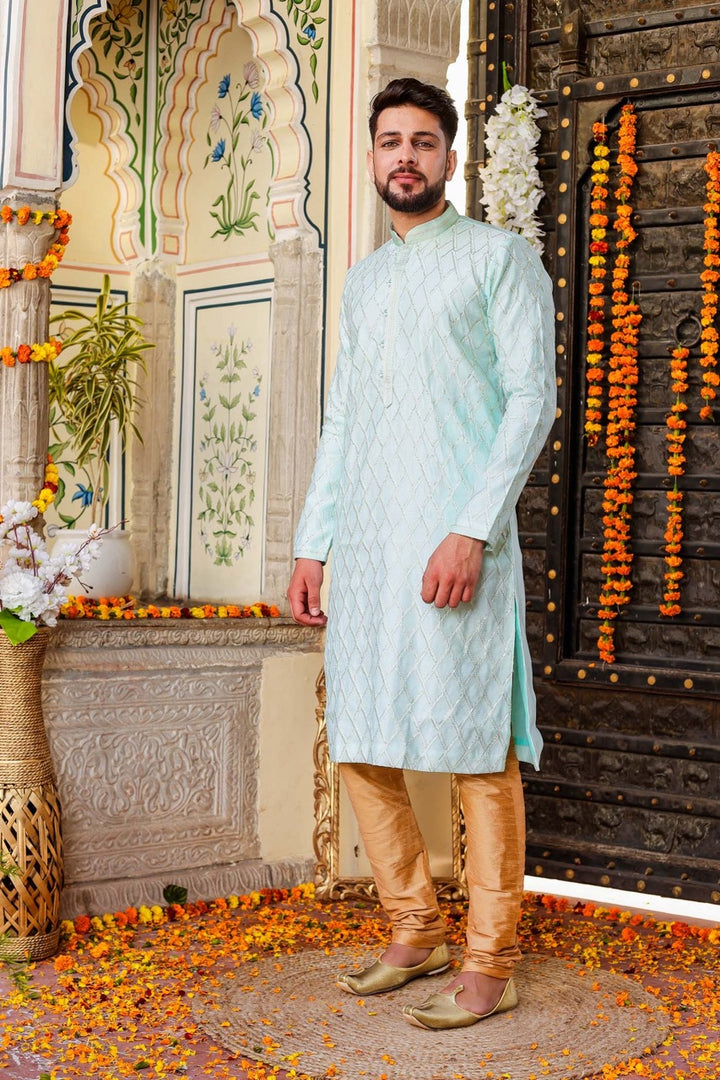 Sea Blue Dupion Silk Kurta Suit