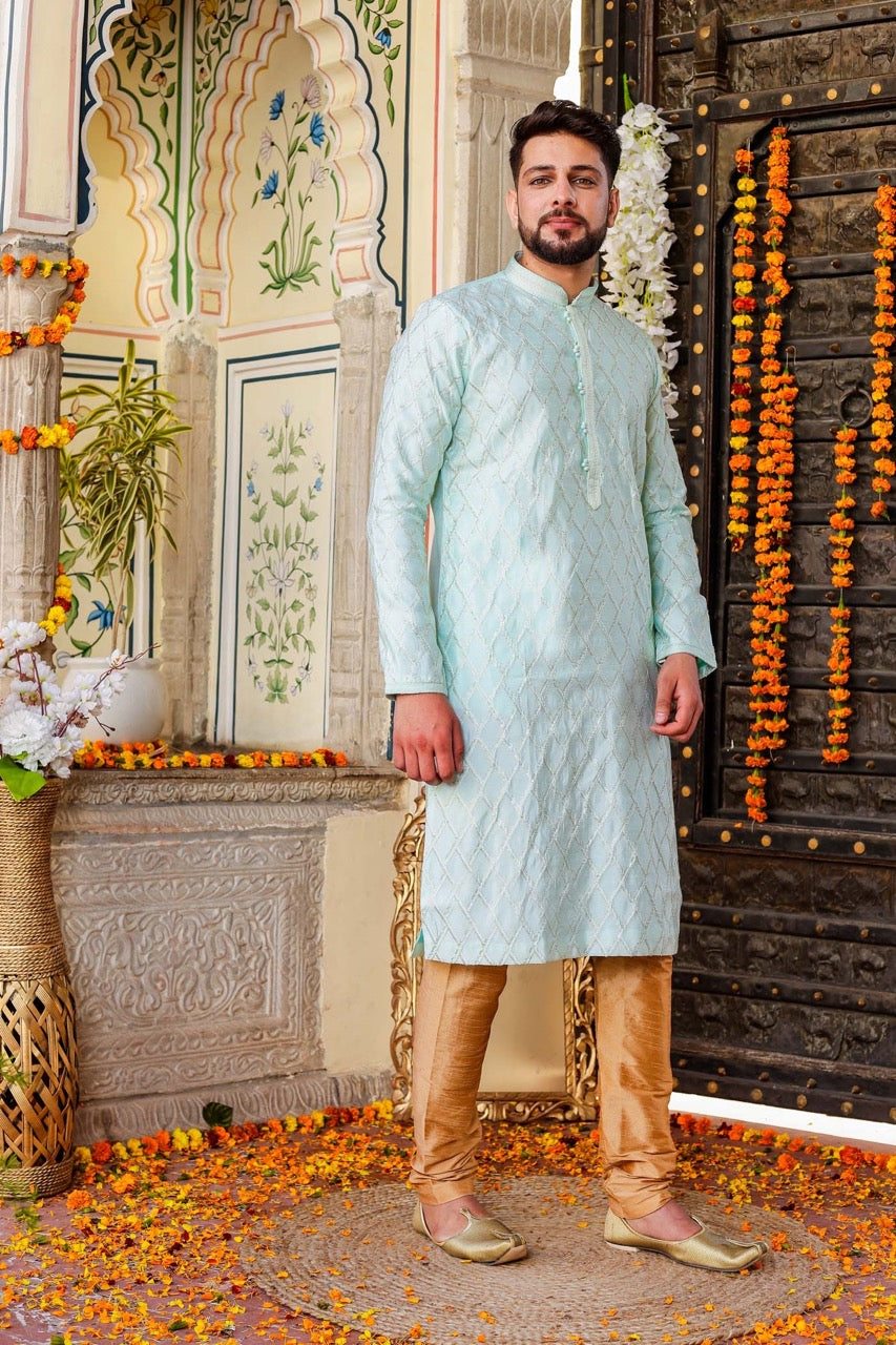 Sea Blue Dupion Silk Kurta Suit