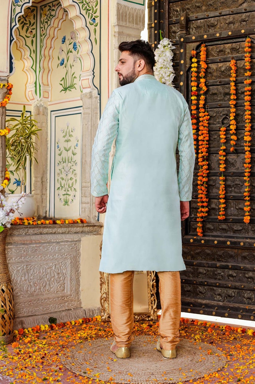 Sea Blue Dupion Silk Kurta Suit