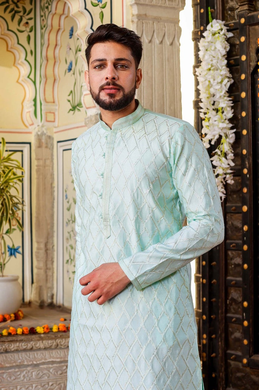 Sea Blue Dupion Silk Kurta Suit