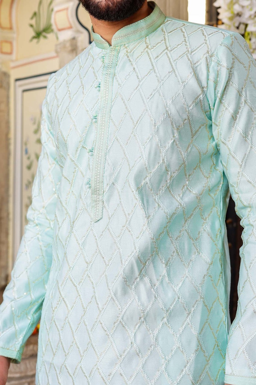 Sea Blue Dupion Silk Kurta Suit