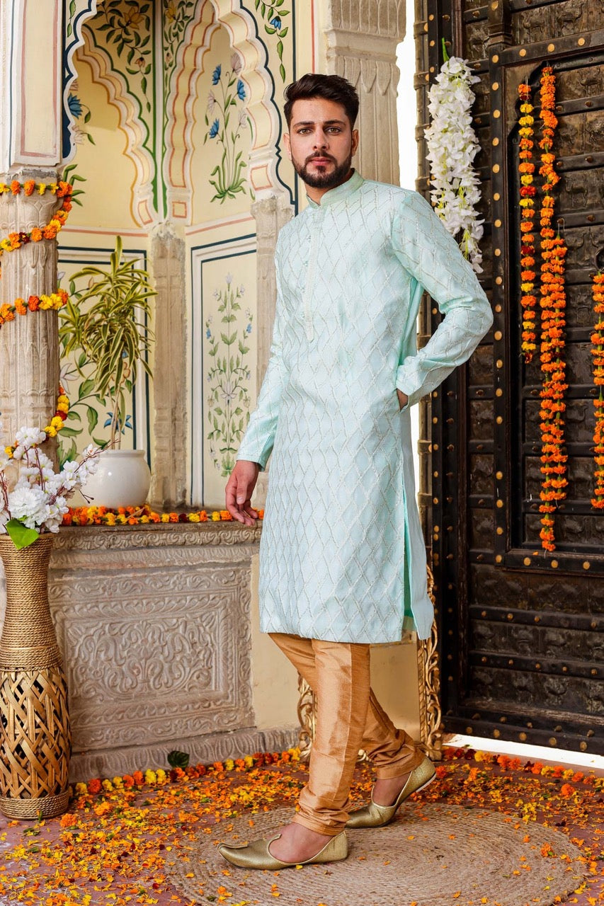 Sea Blue Dupion Silk Kurta Suit