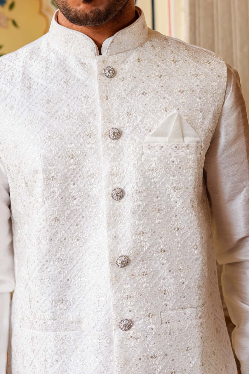Ivory Kiwi Silk Waistcoat Kurta Suit Set