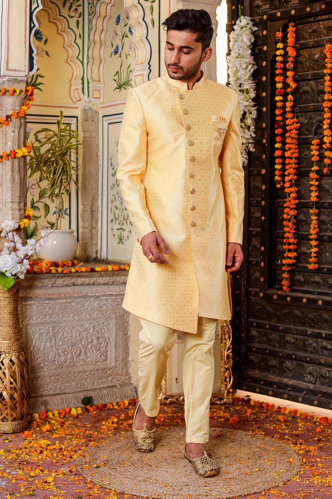 Gold Stylish Side Cut Brocade Silk Indo-Western Suit.